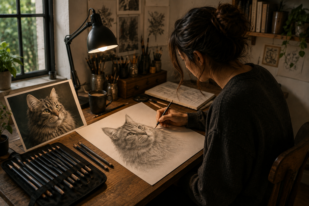 Artista desenhando à mão um retrato de gato em grafite