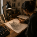 Artista desenhando à mão um retrato de gato em grafite
