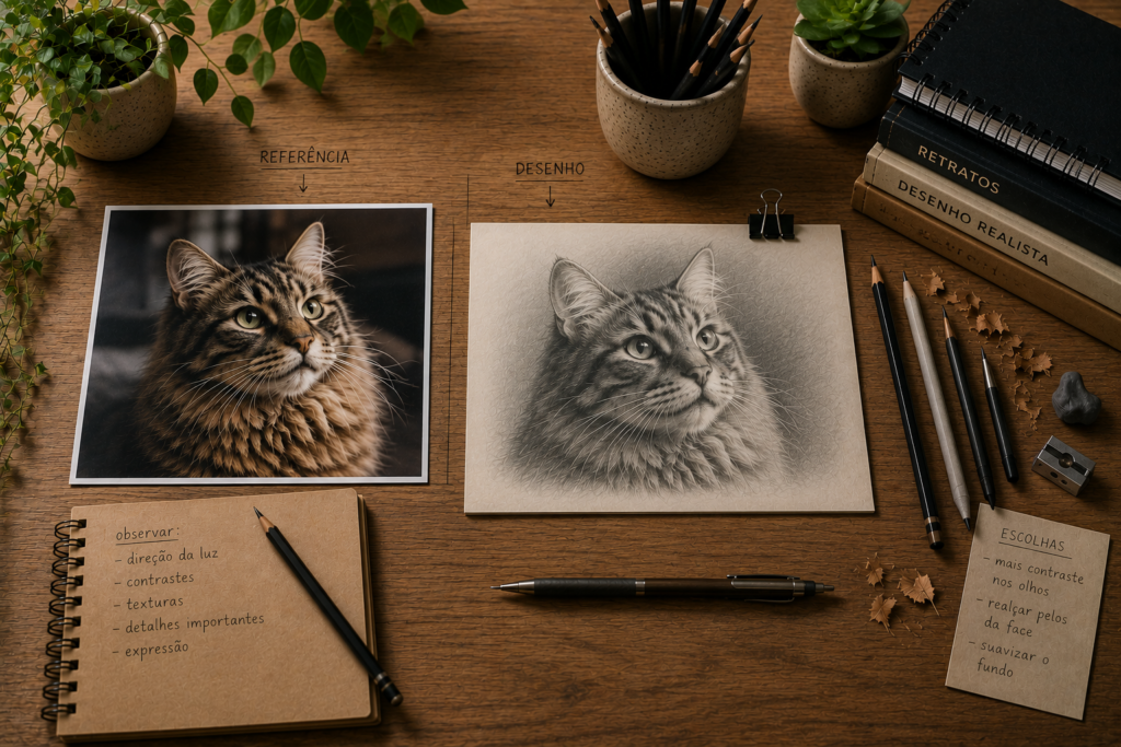 Referência fotográfica e desenho realista de gato feito à mão