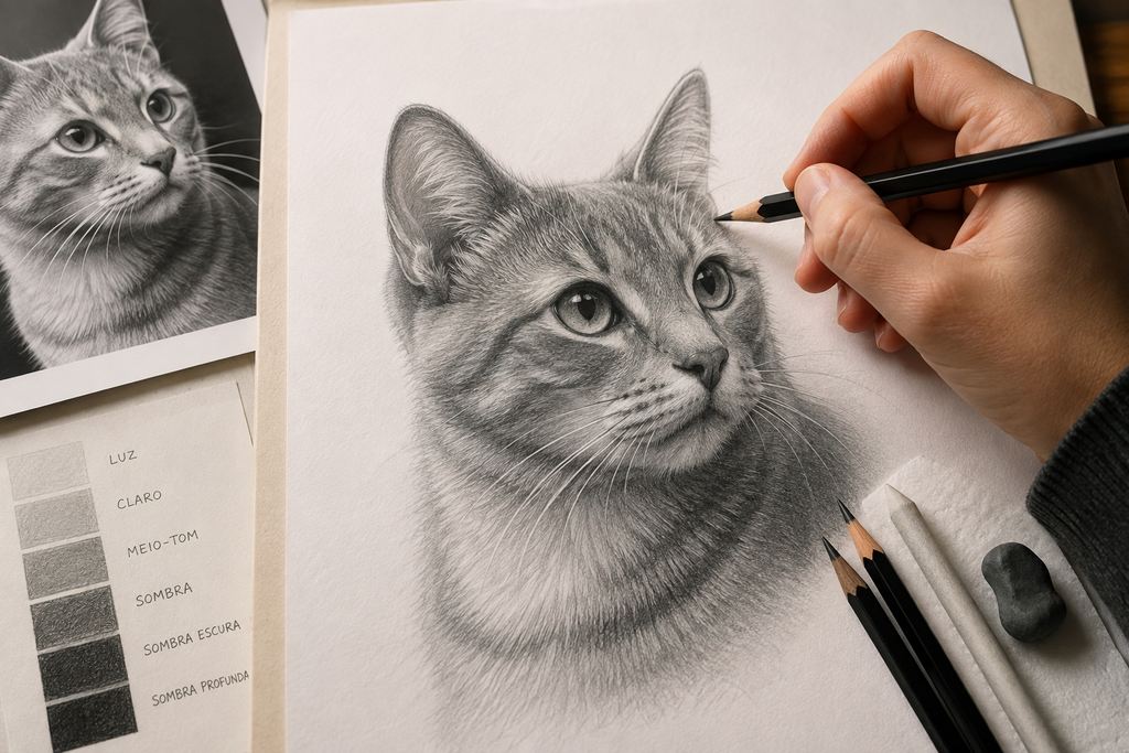 Artista desenhando um retrato realista de gato em grafite