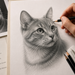 Artista desenhando um retrato realista de gato em grafite