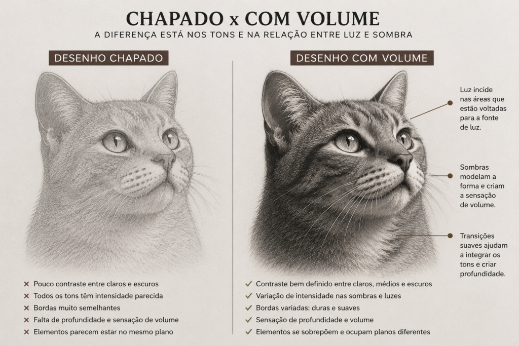 Comparação entre desenho chapado e desenho com volume usando luz, sombra e diferentes tons