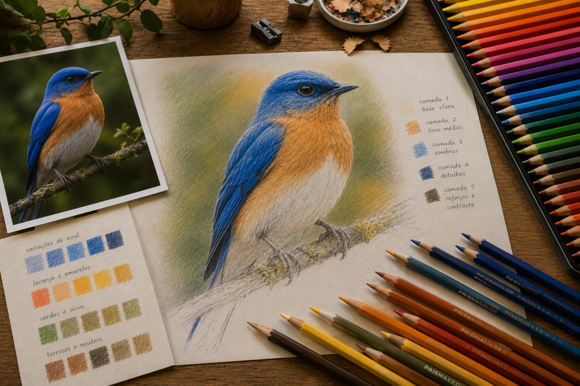 Desenho realista colorido de um pássaro em processo com lápis de cor e referência fotográfica