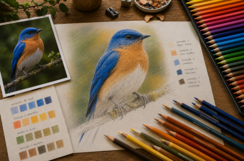 Desenho realista colorido de um pássaro em processo com lápis de cor e referência fotográfica