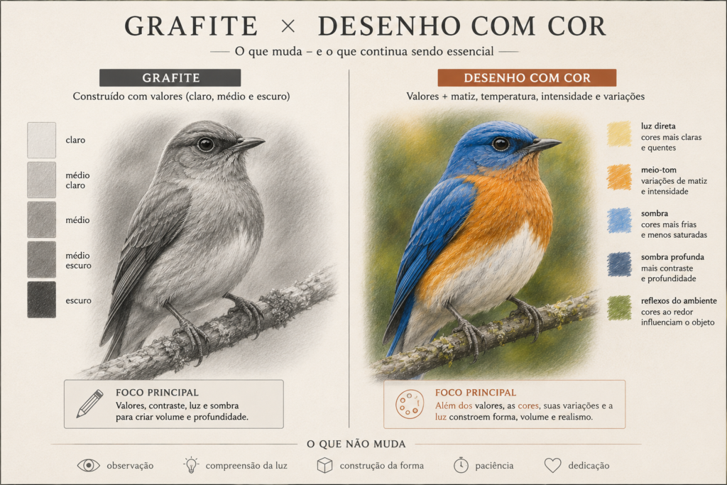 Comparação entre desenho em grafite e desenho realista com cor, mostrando valores, luz, sombra e variações de tonalidade