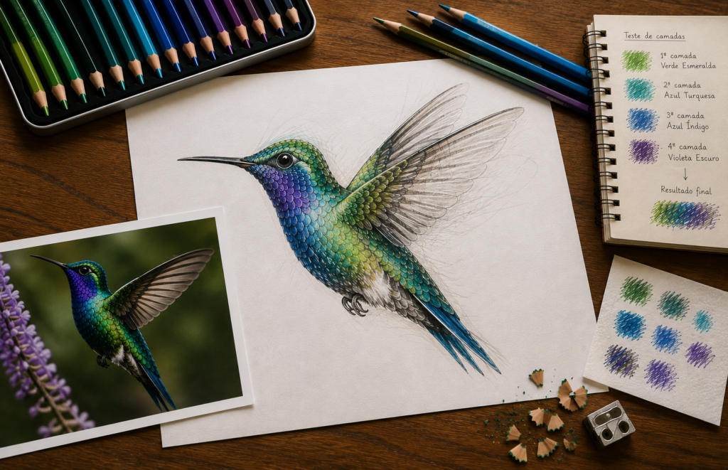 Desenho realista colorido de um beija-flor em processo, com lápis de cor, referência fotográfica e testes de camadas sobre a mesa