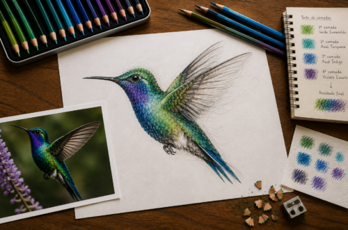Desenho realista colorido de um beija-flor em processo, com lápis de cor, referência fotográfica e testes de camadas sobre a mesa