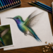 Desenho realista colorido de um beija-flor em processo, com lápis de cor, referência fotográfica e testes de camadas sobre a mesa