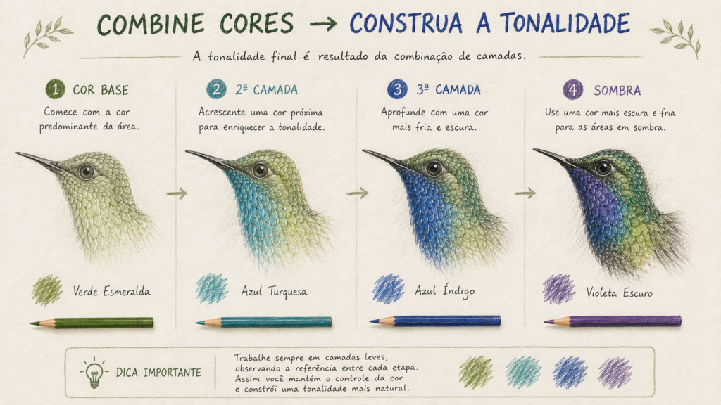 Infográfico mostrando como combinar diferentes lápis de cor em camadas para construir a tonalidade de um beija-flor