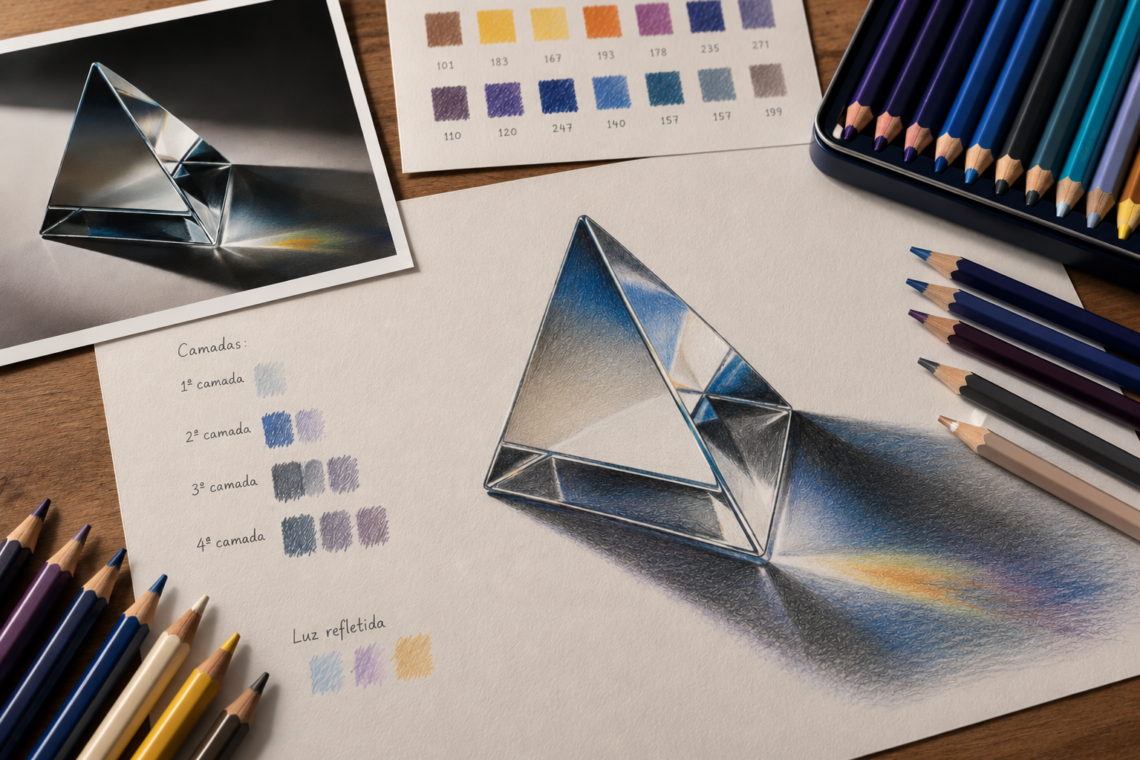Desenho realista de um prisma com lápis de cor, mostrando camadas de cores na construção da sombra, com referência fotográfica e lápis sobre a mesa