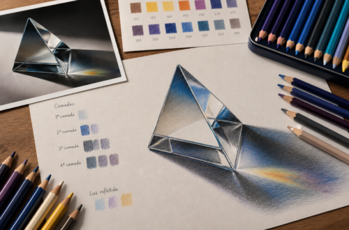 Desenho realista de um prisma com lápis de cor, mostrando camadas de cores na construção da sombra, com referência fotográfica e lápis sobre a mesa