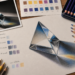 Desenho realista de um prisma com lápis de cor, mostrando camadas de cores na construção da sombra, com referência fotográfica e lápis sobre a mesa