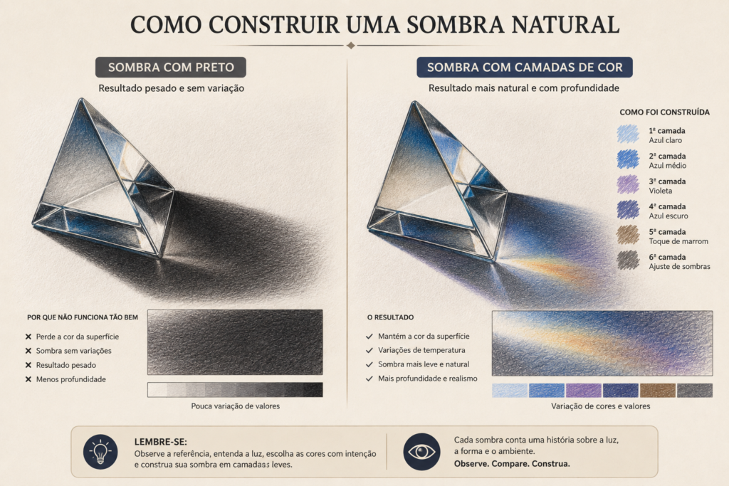 Infográfico comparando sombra feita com preto e sombra construída com camadas de cores em um prisma