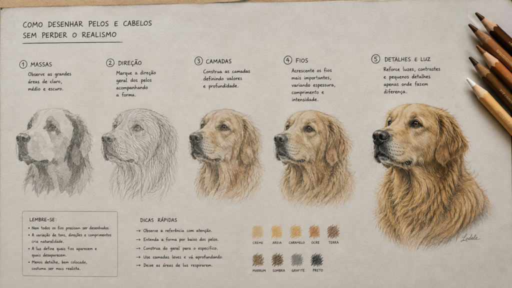 Estudo em lápis de cor mostrando cinco etapas para desenhar pelos de um cachorro com realismo, da construção das massas aos fios e detalhes finais