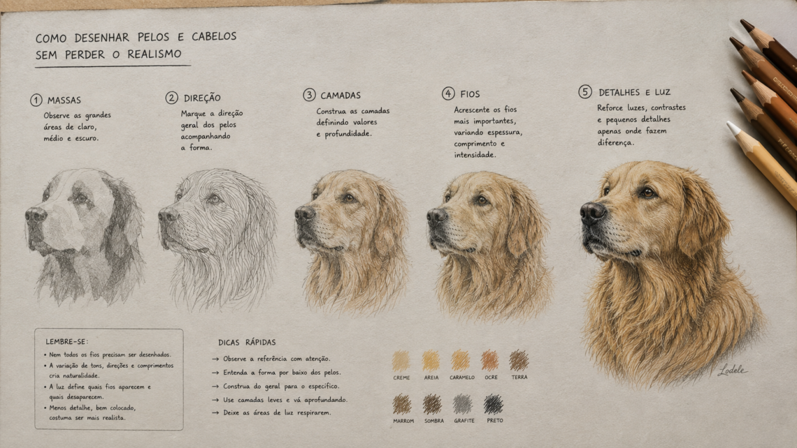 Estudo em lápis de cor mostrando cinco etapas para desenhar pelos de um cachorro com realismo, da construção das massas aos fios e detalhes finais