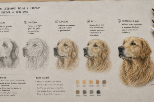 Estudo em lápis de cor mostrando cinco etapas para desenhar pelos de um cachorro com realismo, da construção das massas aos fios e detalhes finais