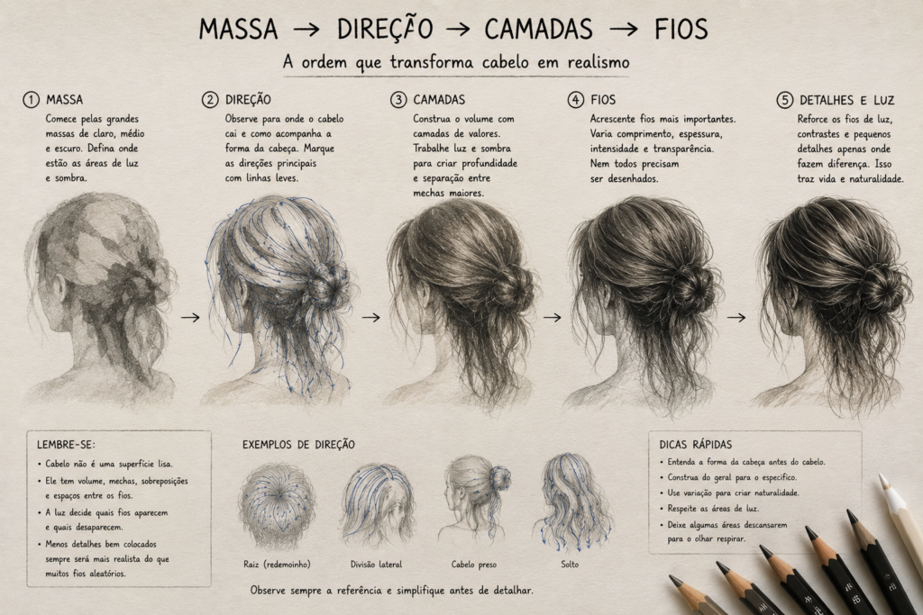 Infográfico mostrando cinco etapas para desenhar cabelos com realismo: massa, direção, camadas, fios e detalhes de luz