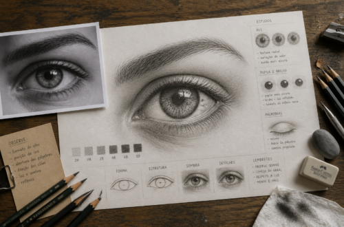 Estudo artístico em grafite de um olho realista, com fotografia de referência, estudos da íris, pálpebras, luz e sombra e materiais de desenho sobre a mesa