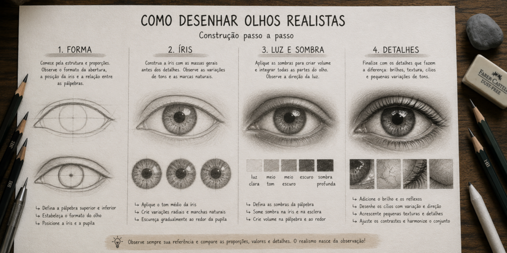 Infográfico mostrando quatro etapas para desenhar olhos realistas: forma, íris, luz e sombra e detalhes