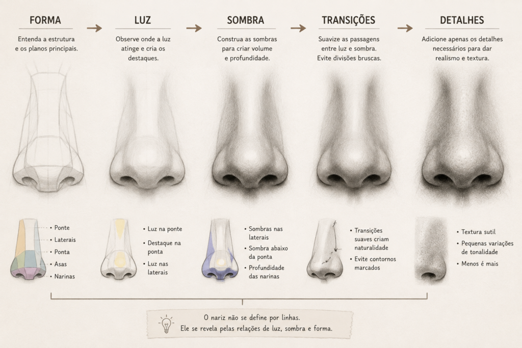 Infográfico mostrando cinco etapas para desenhar um nariz realista: forma, luz, sombra, transições e detalhes