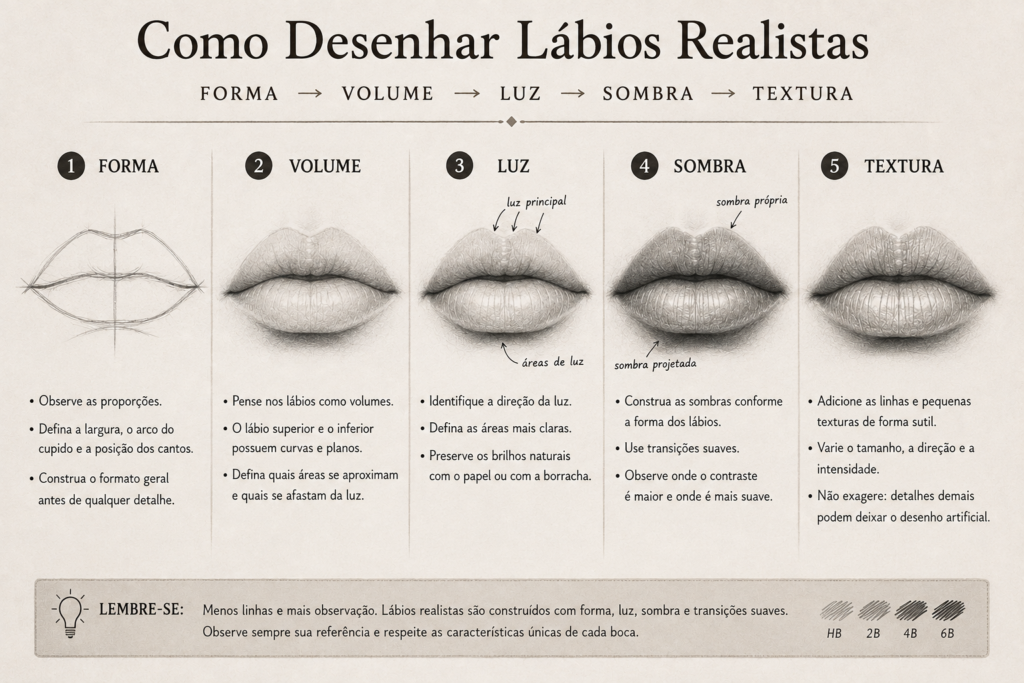 Infográfico mostrando cinco etapas para desenhar lábios realistas: forma, volume, luz, sombra e textura