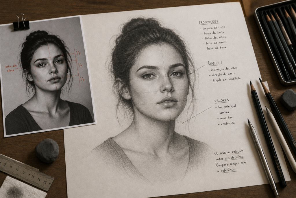Estudo artístico em grafite de um retrato realista, com fotografia de referência ao lado, linhas de construção e materiais de desenho sobre a mesa
