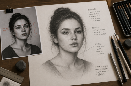 Estudo artístico em grafite de um retrato realista, com fotografia de referência ao lado, linhas de construção e materiais de desenho sobre a mesa