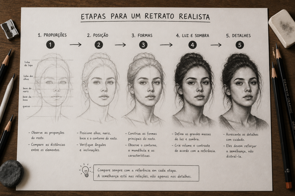 Infográfico mostrando cinco etapas para fazer um retrato realista: proporções, posição, formas, luz e sombra e detalhes