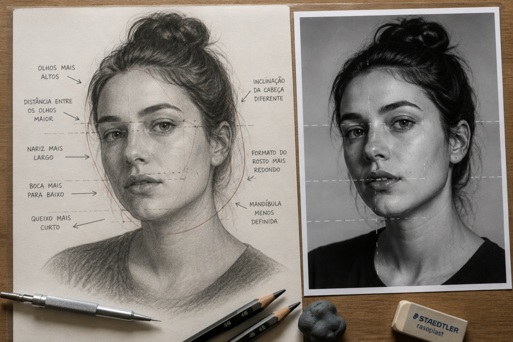Comparação entre um retrato realista em grafite e uma fotografia de referência, destacando proporções, posição das características faciais e formato do rosto