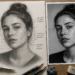 Comparação entre um retrato realista em grafite e uma fotografia de referência, destacando proporções, posição das características faciais e formato do rosto