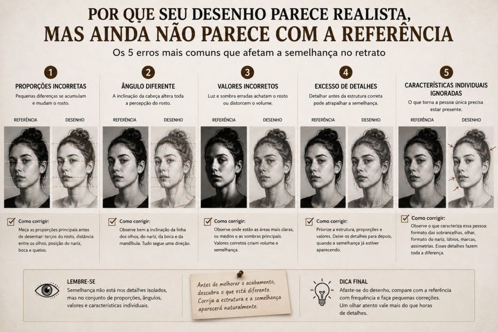 Infográfico mostrando cinco erros que prejudicam a semelhança em um retrato: proporções incorretas, ângulo diferente, valores inadequados, excesso de detalhes e características individuais ignoradas
