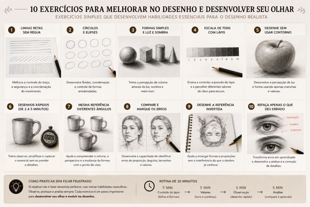 Infográfico com 10 exercícios para melhorar no desenho, incluindo linhas, círculos, luz e sombra, escala de tons, desenhos rápidos, diferentes ângulos, análise de erros e prática de observação