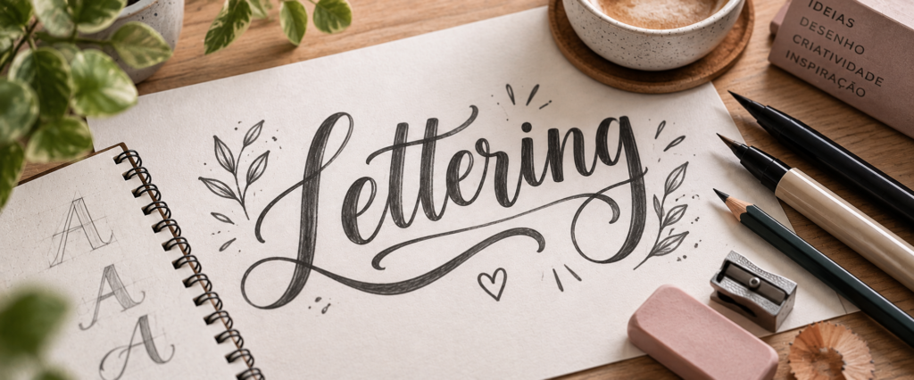 Lettering artístico desenhado à mão sobre papel com materiais de desenho